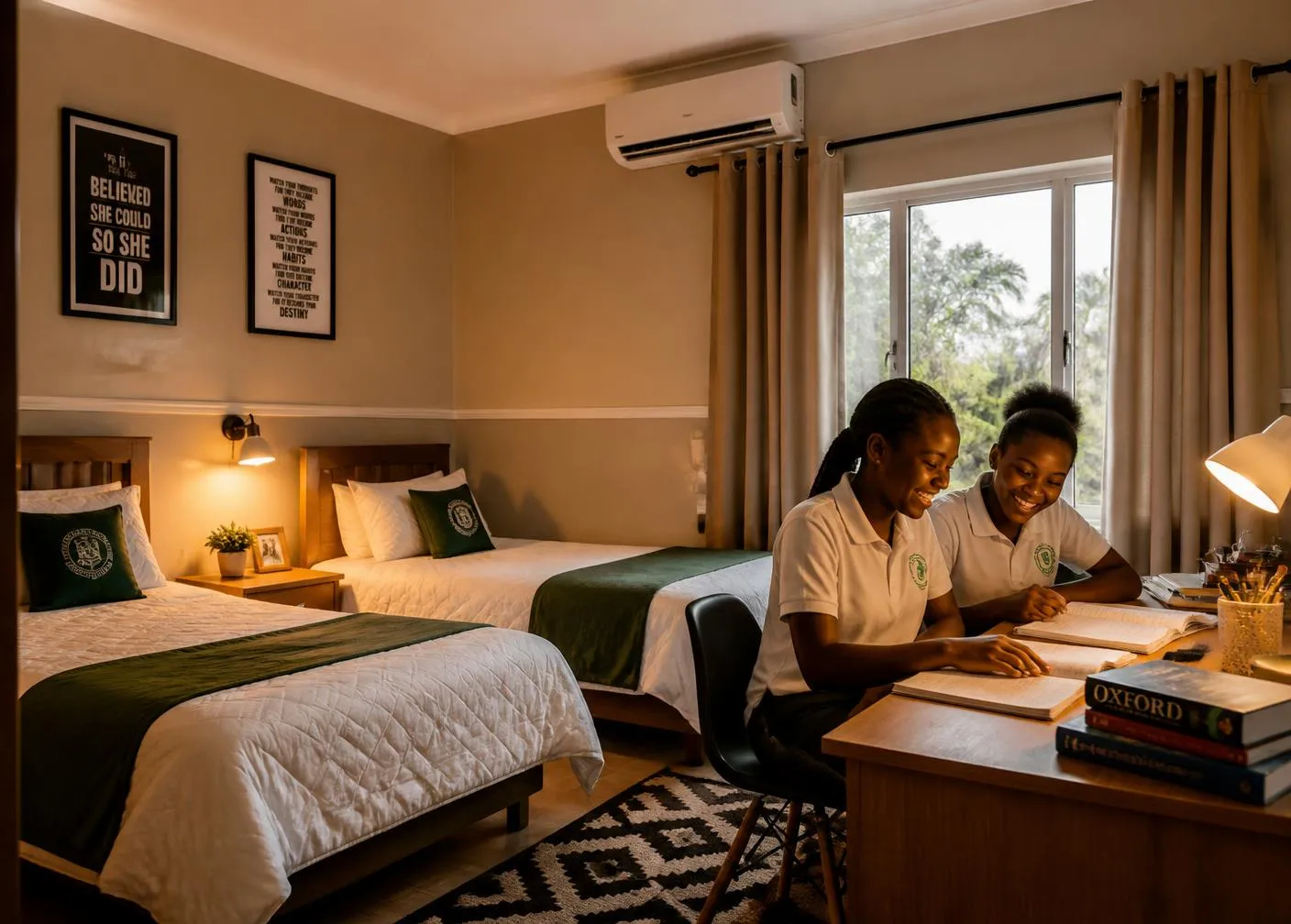 Boarding students studying together in a comfortable hostel room