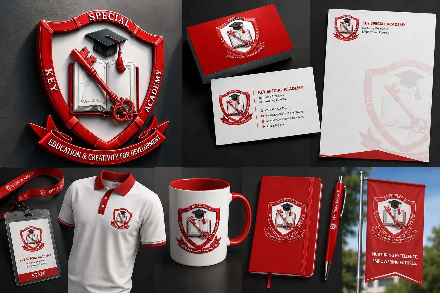 Key Special Academy brand identity — business cards, uniform, campus flag, and branded materials